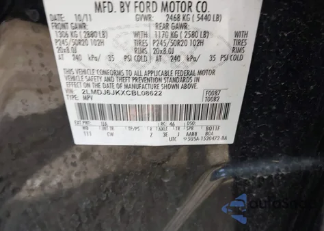 2012 Lincoln Mkx z USA, uszkodzony, nr VIN 2LMDJ6JKXCBL08622